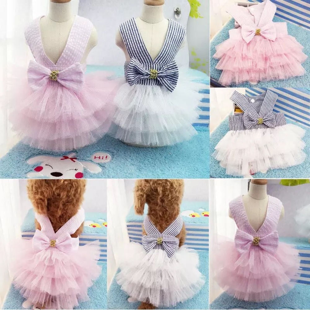 Dog dress shirt bow tutu blue cute small dogs - Picture 3 of 8